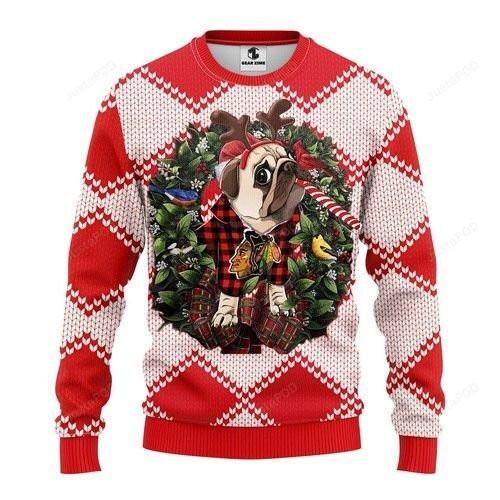 Nhl Chicago Blackhawks Pug Dog Ugly Christmas Sweater Adult 3D Funny Matching for family
