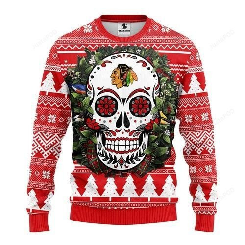 Nhl Chicago Blackhawks Skull Flower Ugly Christmas Sweater Adult 3D Funny Matching for family