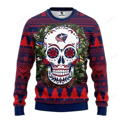 Nhl Columbus Blue Jackets Skull Flower Ugly Christmas Sweater Adult 3D Funny Matching for family