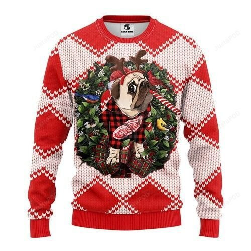 Nhl Detroit Red Wings Pug Dog Ugly Christmas Sweater Adult 3D Funny Matching for family