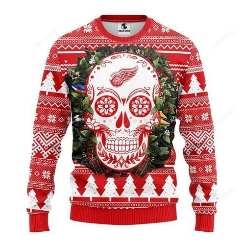 Nhl Detroit Red Wings Skull Flower Ugly Christmas Sweater Adult 3D Funny Matching for family