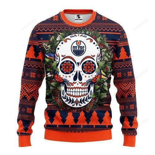Nhl Edmonton Oilers Skull Flower Ugly Christmas Sweater Adult 3D Funny Matching for family