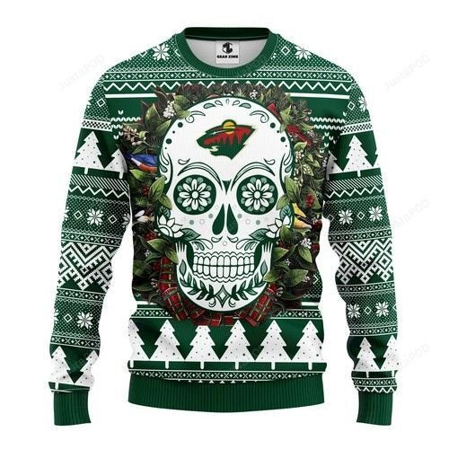 Nhl Minnesota Wild Skull Flower Ugly Christmas Sweater Adult 3D Funny Matching for family