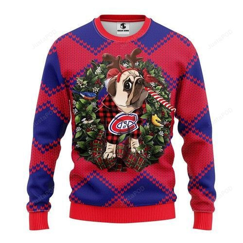 Nhl Montreal Canadiens Pug Dog Ugly Christmas Sweater Adult 3D Funny Matching for family