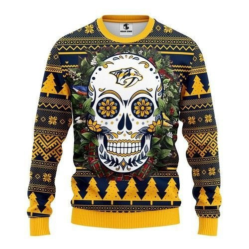 Nhl Nashville Predators Skull Flower Ugly Christmas Sweater Adult 3D Funny Matching for family