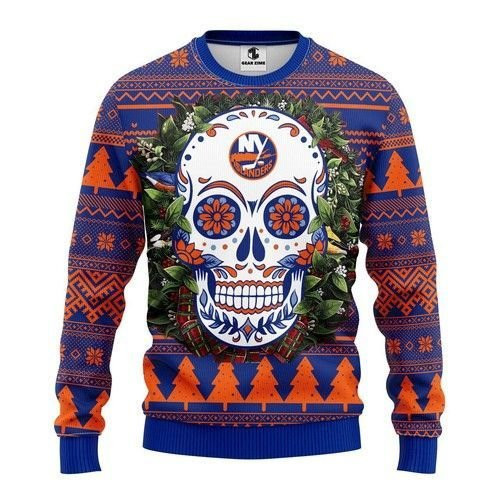 Nhl New York Islanders Skull Flower Ugly Christmas Sweater Adult 3D Funny Matching for family