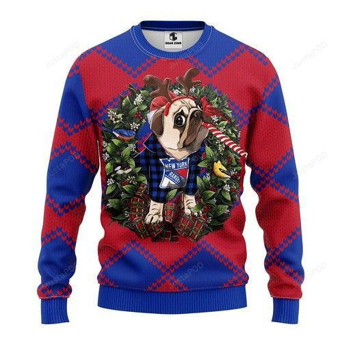 Nhl New York Rangers Pug Dog Ugly Christmas Sweater Adult 3D Funny Matching for family