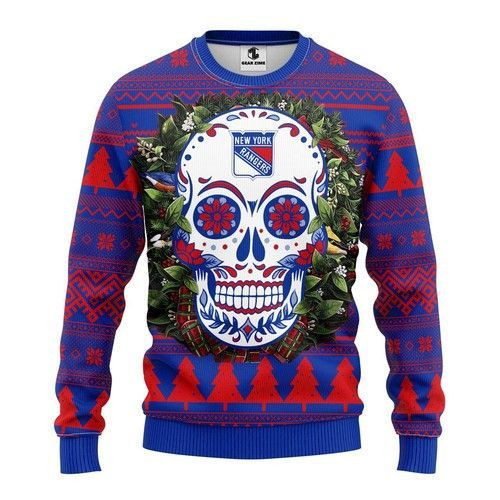 Nhl New York Rangers Skull Flower Ugly Christmas Sweater Adult 3D Funny Matching for family