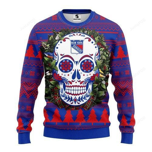 Nhl New York Rangers Skull Ugly Christmas Sweater Adult 3D Funny Matching for family