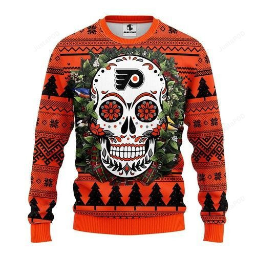 Nhl Philadelphia Flyers Skull Flower Ugly Christmas Sweater Adult 3D Funny Matching for family