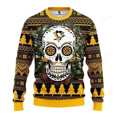 Nhl Pittsburgh Penguins Skull Flower Ugly Christmas Sweater Adult 3D Funny Matching for family