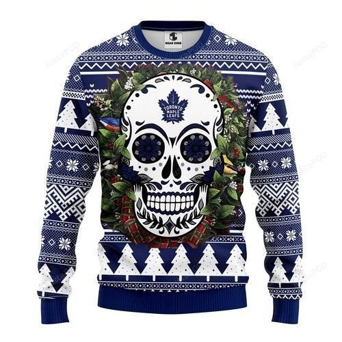 Nhl Toronto Maple Leafs Skull Flower Ugly Christmas Sweater Adult 3D Funny Matching for family