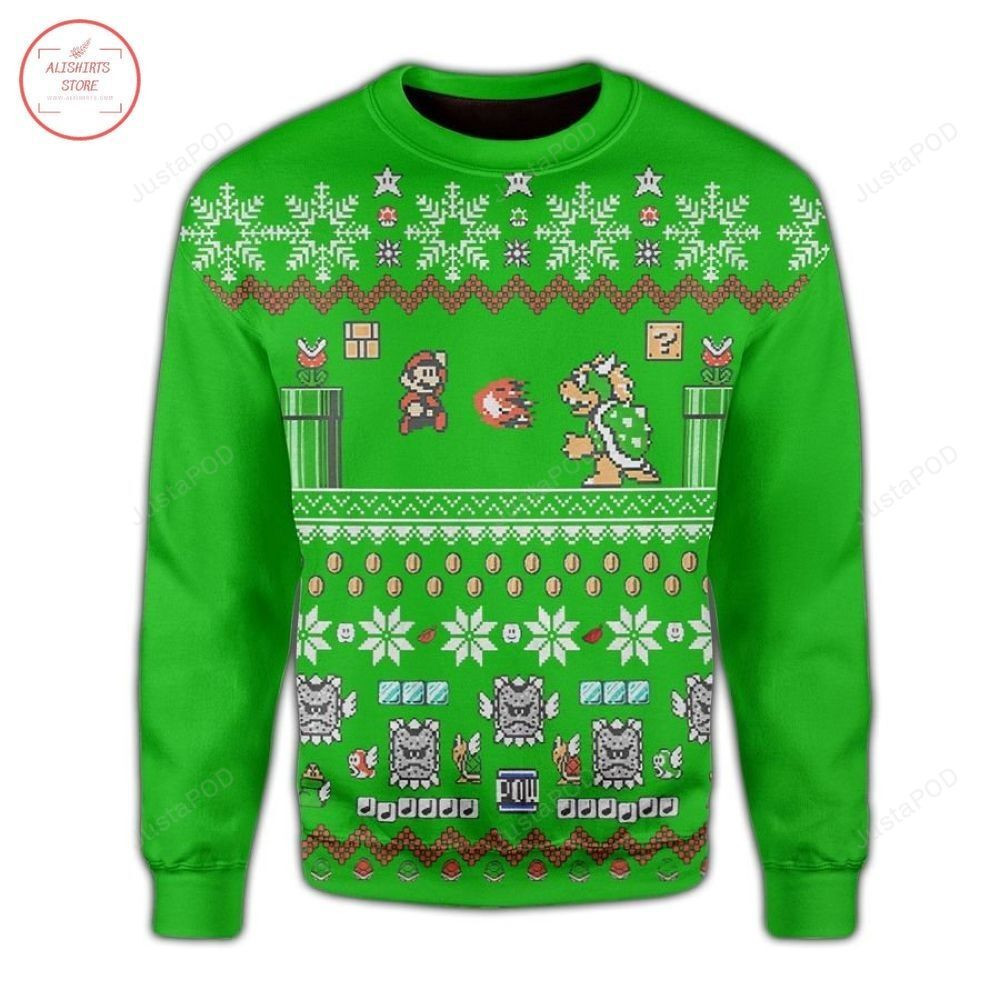 Nintendo Super Mario Christmas Green For Mario Lovers Ugly Christmas Sweater Adult 3D Funny Matching for family