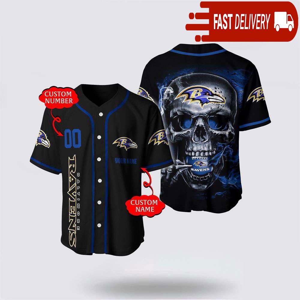 NLF Baltimore Ravens Baseball Jersey 3D Personalized Skull Shirt For Your Football Team