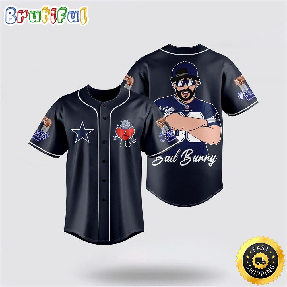 NLF Dallas Cowboys Baseball Jersey American Football Team Symbol Bad Bunny Graphic Blue Jersey Shirt