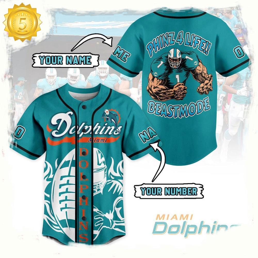 NLF Miami Dolphins Phinz 4 Life Beastmode Personalized Number Baseball Jersey