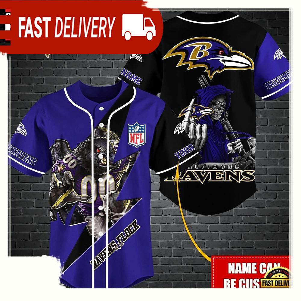 NLF Personalized Baltimore Ravens Mascot And Skull  Baseball Jersey