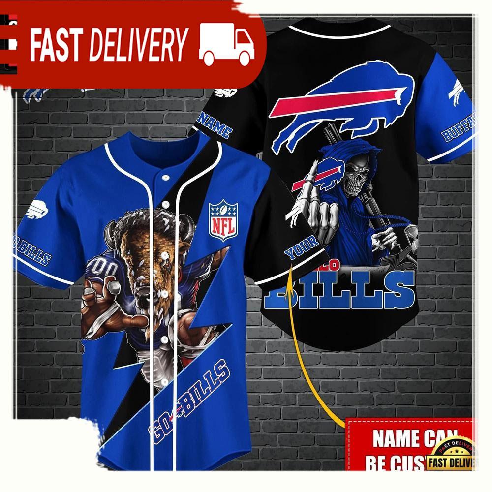 NLF Personalized Buffalo Bills Mascot And Skull Baseball Jersey