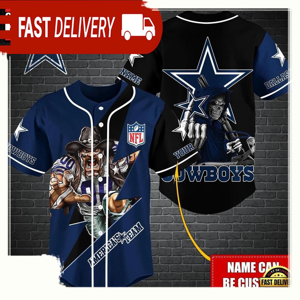 NLF Personalized Dallas Cowboys Mascot And Skull Baseball Jersey