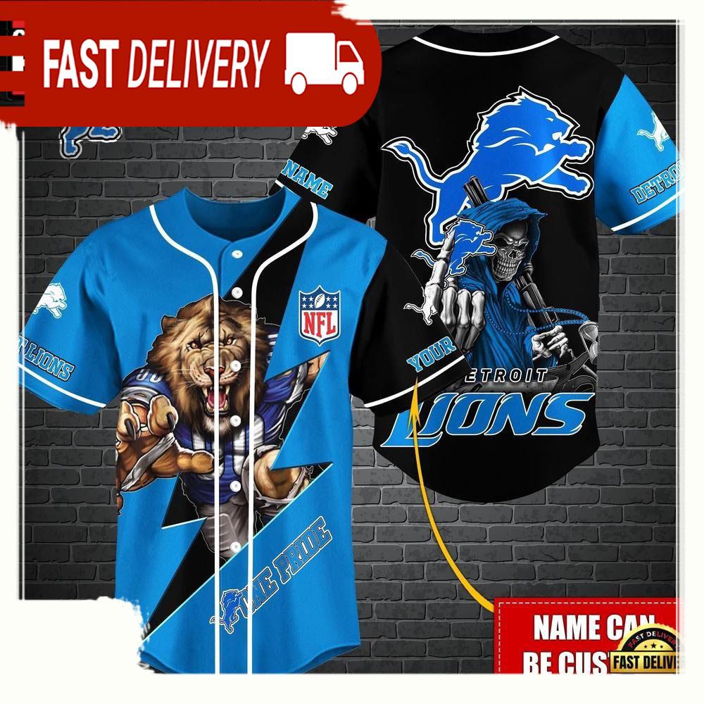 NLF Personalized Detroit Lions Mascot And Skull  Baseball Jersey