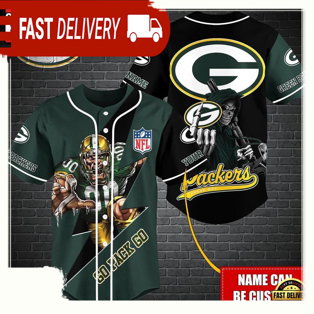 NLF Personalized Green Bay Packers Mascot And Skull  Baseball Jersey