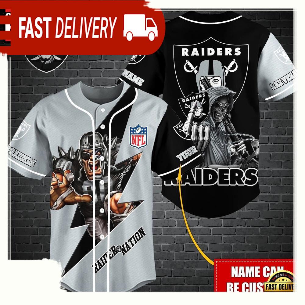 NLF Personalized Las Vegas Raiders Mascot And Skull Baseball Jersey
