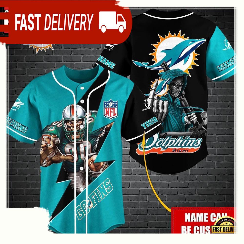 NLF Personalized Miami Dolphins Mascot And Skull  Baseball Jersey