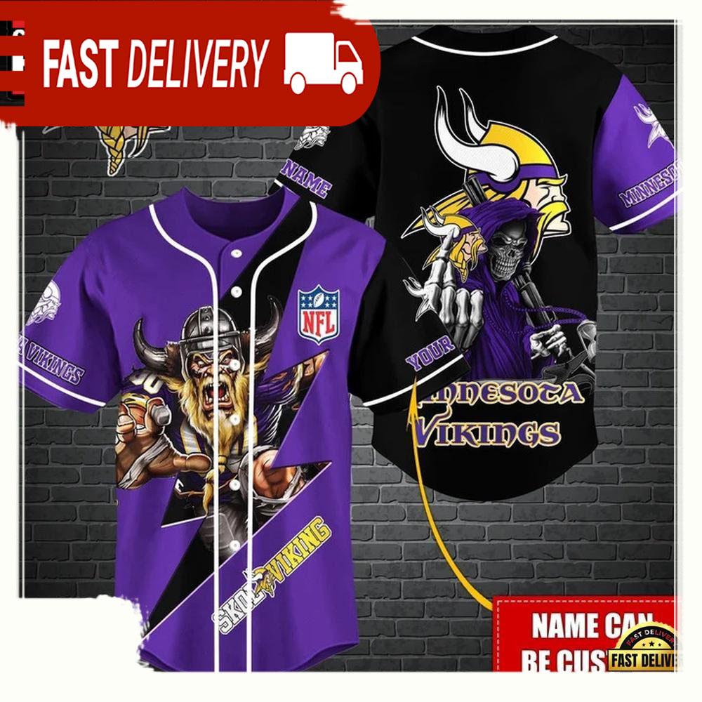 NLF Personalized Minnesota Vikings Mascot And Skull Baseball Jersey