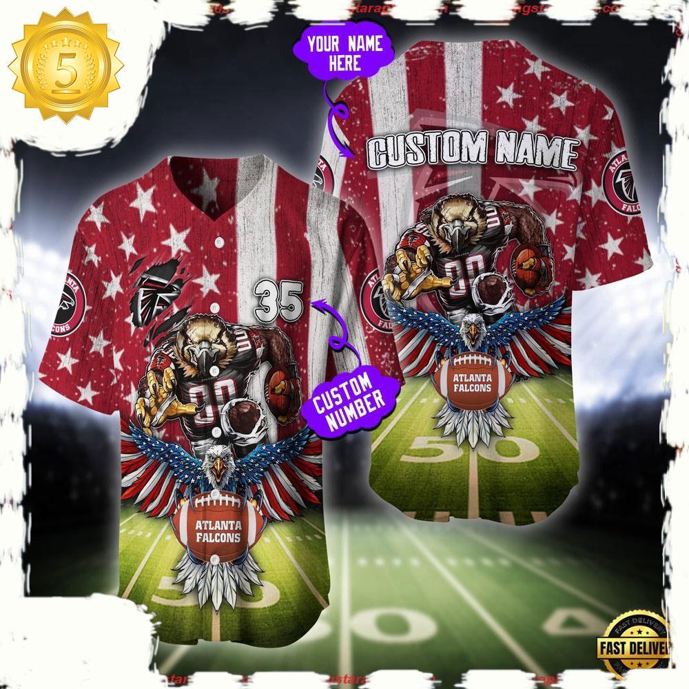 NLF Personalized Name & Number Atlanta Falcons Mascot Us Flag Baseball Jersey Shirt