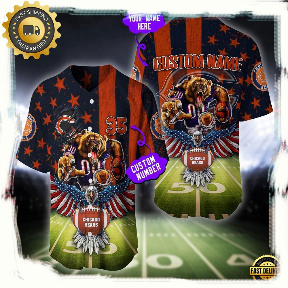 NLF Personalized Name & Number Chicago Bears Mascot Us Flag Baseball Jersey Shirt