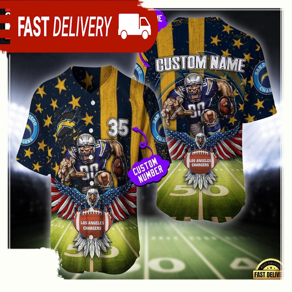NLF Personalized Name & Number Los Angeles Chargers Mascot Us Flag Baseball Jersey Shirt