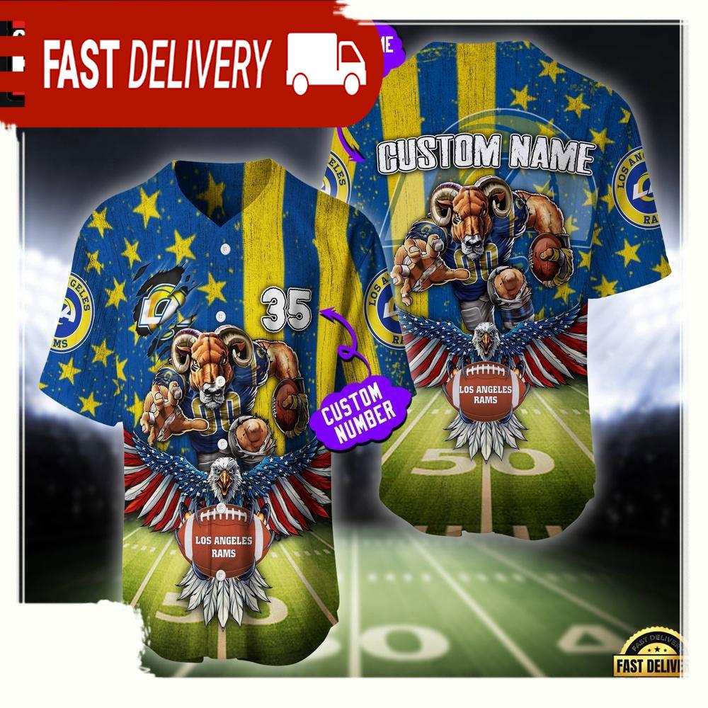 NLF Personalized Name & Number Los Angeles Rams Mascot Us Flag Baseball Jersey Shirt