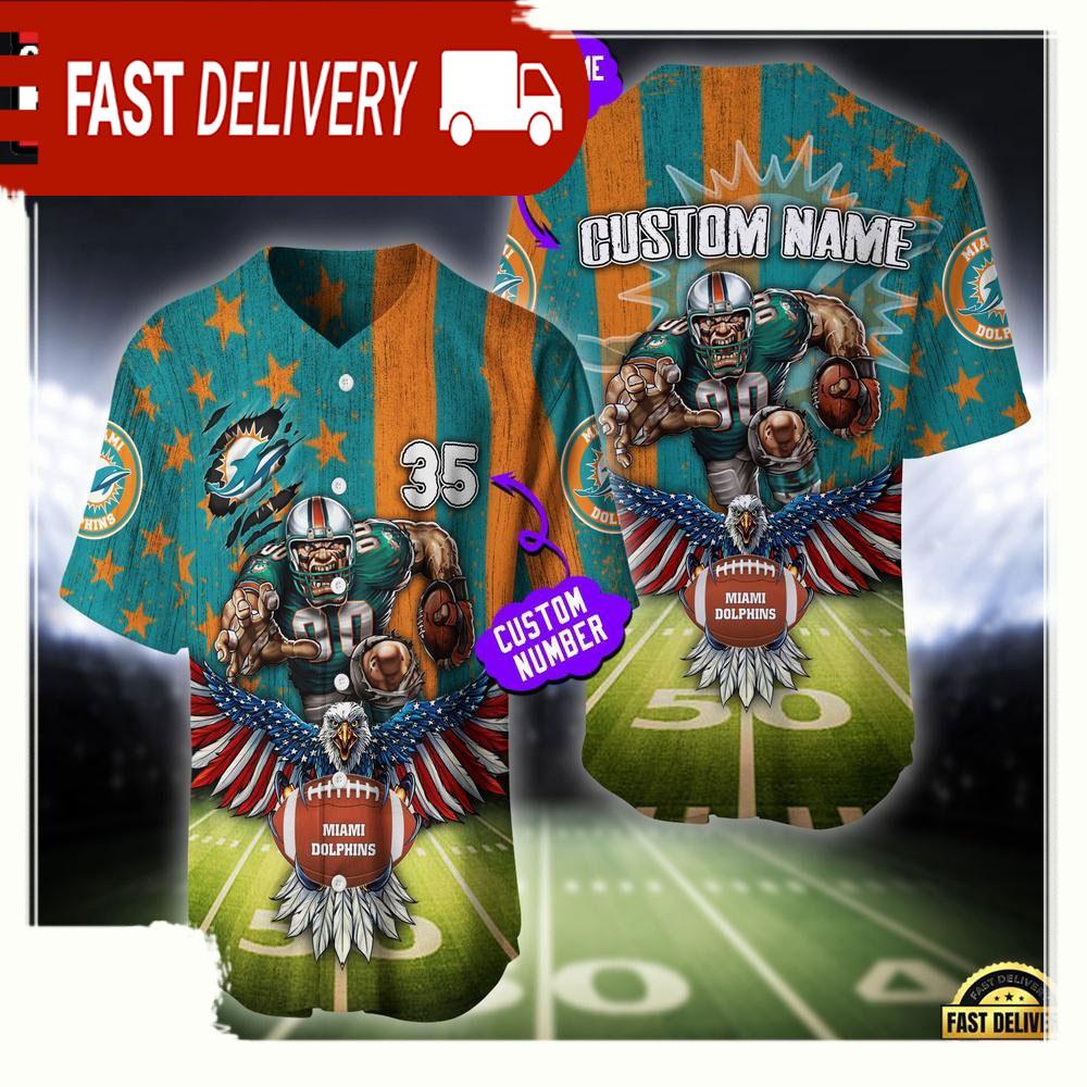 NLF Personalized Name & Number Miami Dolphins Mascot Us Flag Baseball Jersey Shirt