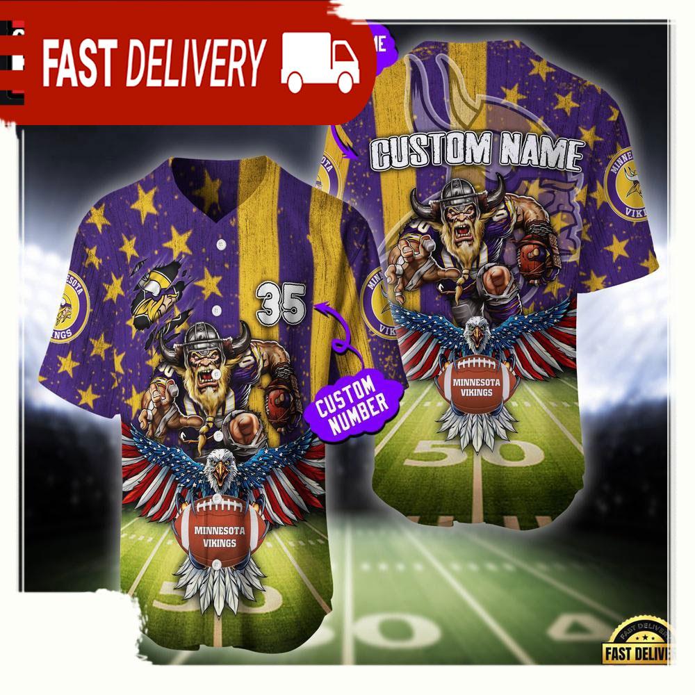 NLF Personalized Name & Number Minnesota Vikings Mascot Us Flag Baseball Jersey Shirt