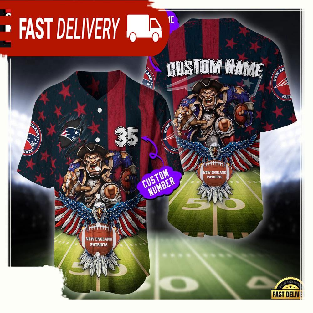NLF Personalized Name & Number New England Patriots Mascot Us Flag Baseball Jersey Shirt