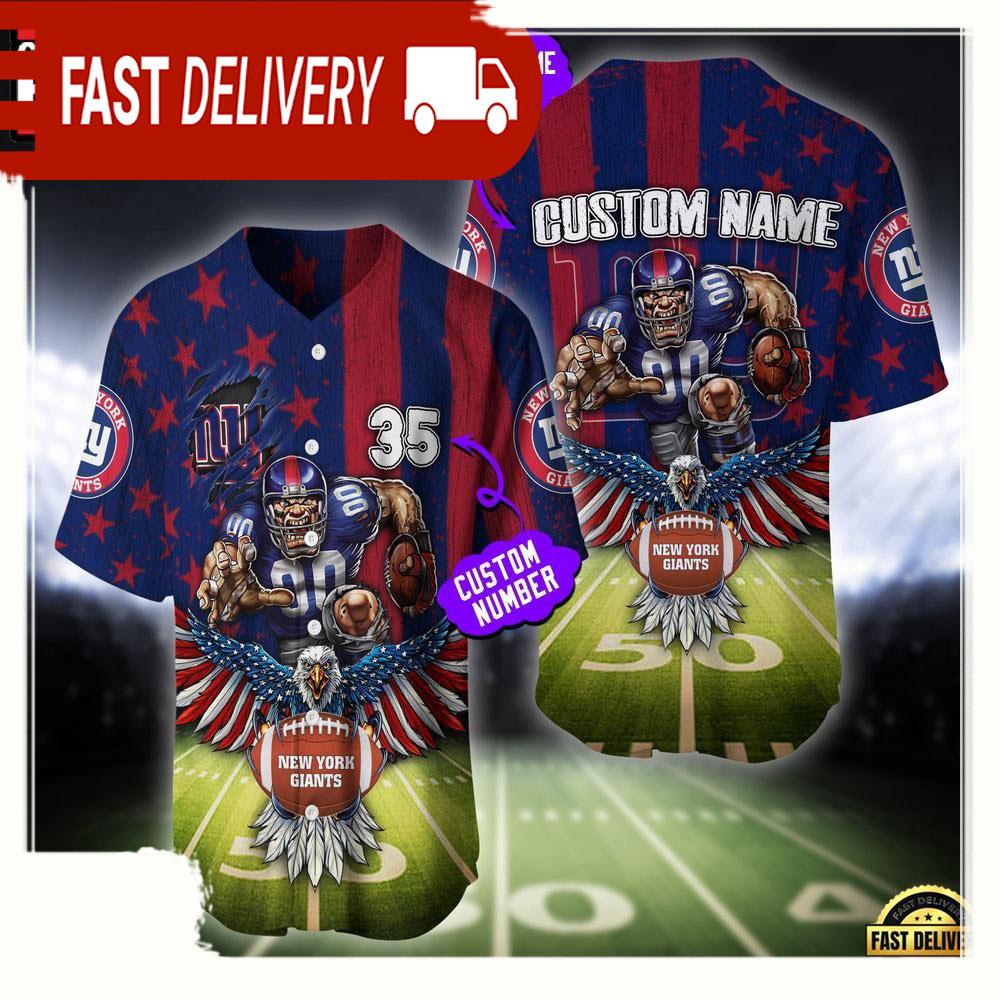 NLF Personalized Name & Number New York Giants Mascot Us Flag Baseball Jersey Shirt