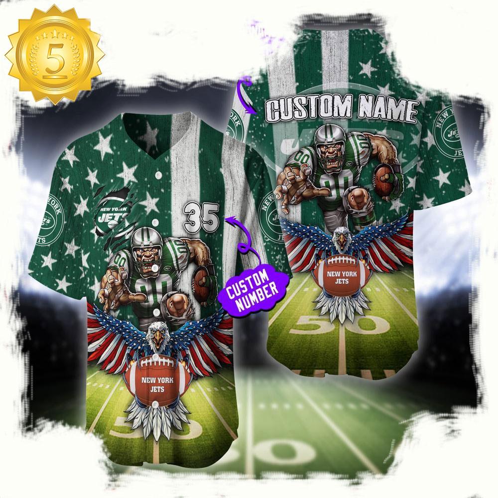 NLF Personalized Name & Number New York Jets Mascot Us Flag Baseball Jersey Shirt