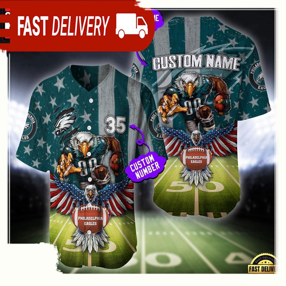 NLF Personalized Name & Number Philadelphia Eagles Mascot Us Flag Baseball Jersey Shirt