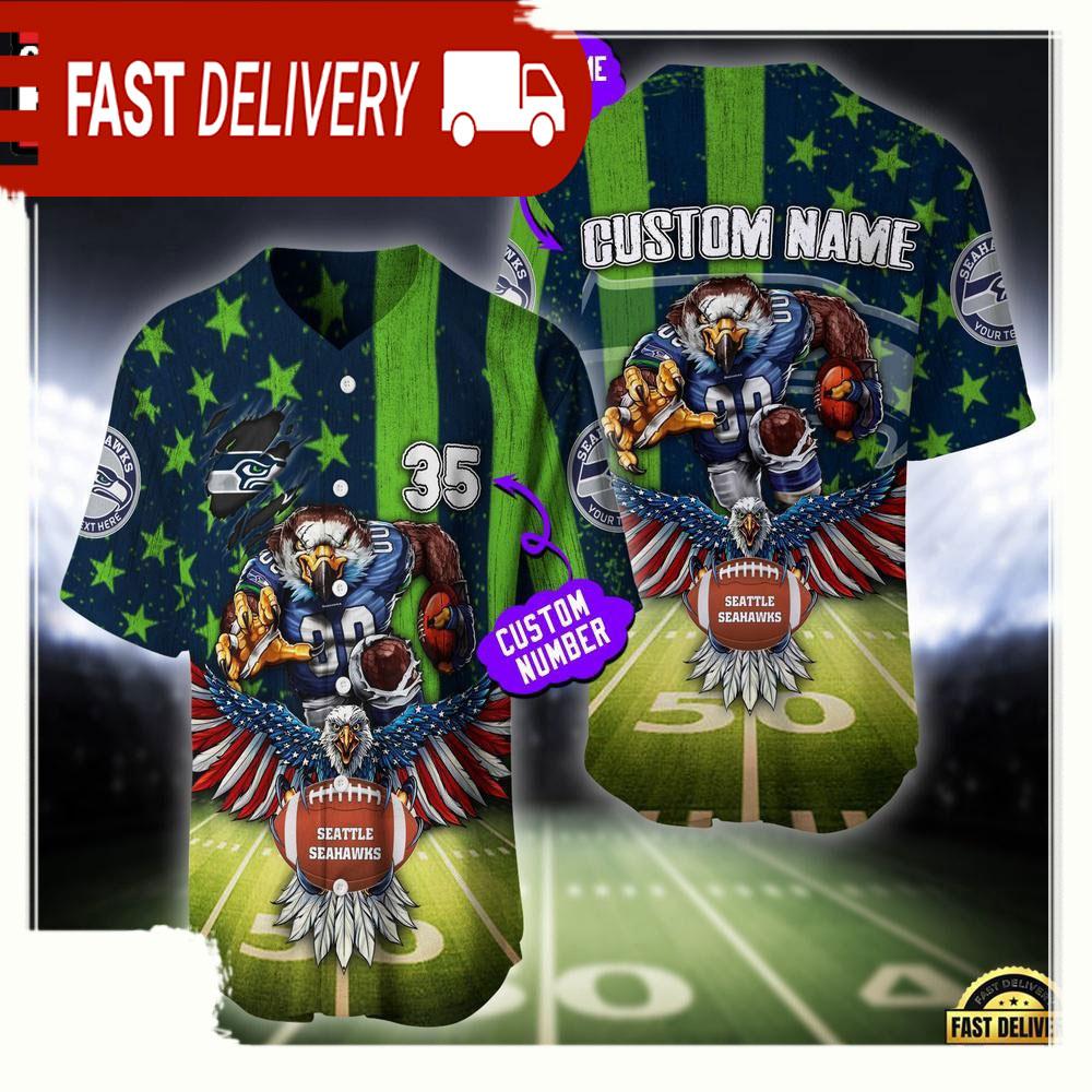 NLF Personalized Name & Number Seattle Seahawks Mascot Us Flag Baseball Jersey Shirt