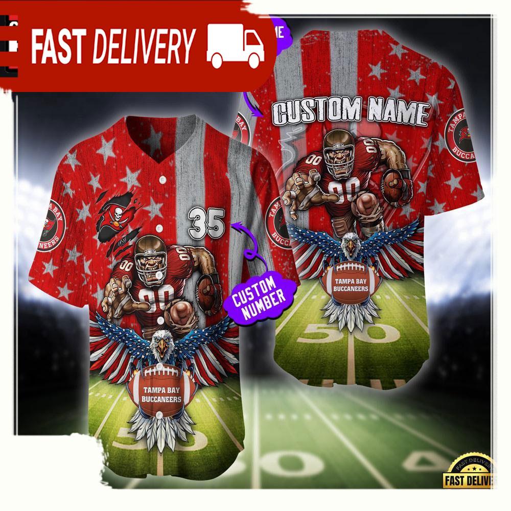NLF Personalized Name & Number Tampa Bay Buccaneers Mascot Us Flag Baseball Jersey Shirt