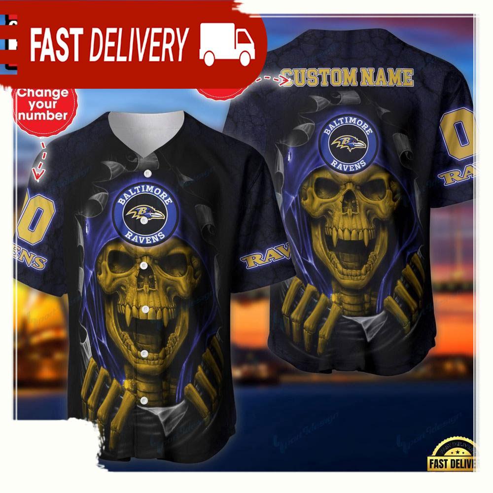 NLF Personalized Name & Number Team Baltimore Ravens Skull Pattern Baseball Jersey Shirt