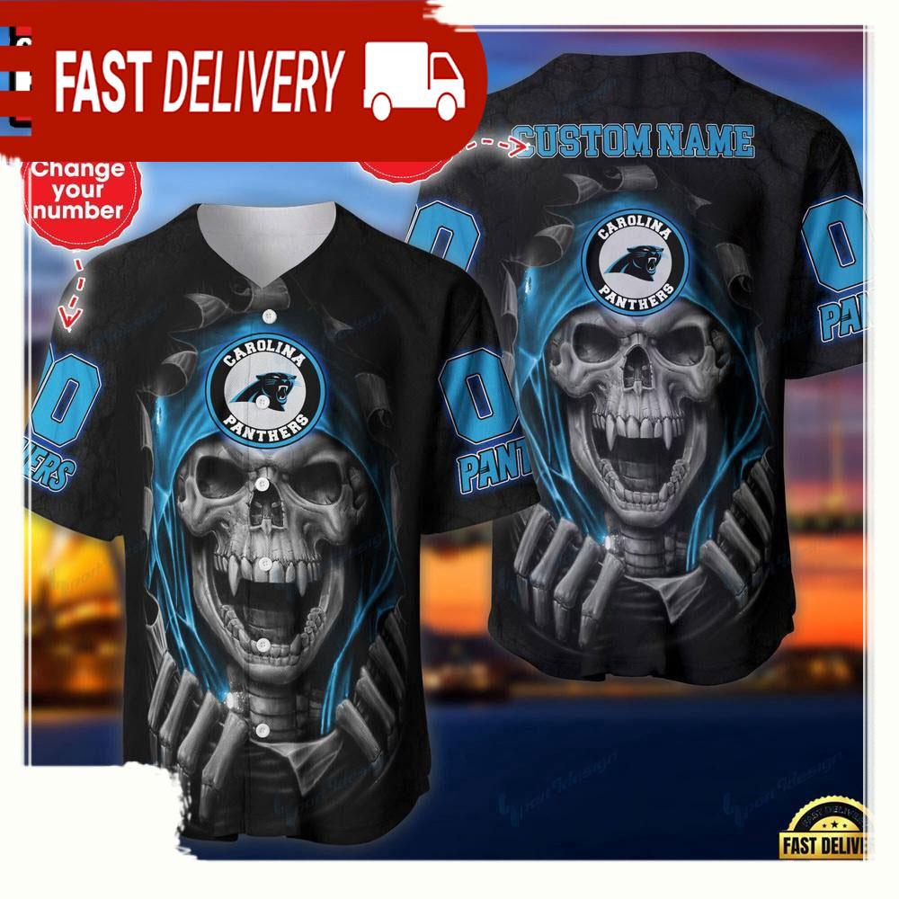 NLF Personalized Name & Number Team Carolina Panthers Skull Pattern Baseball Jersey Shirt