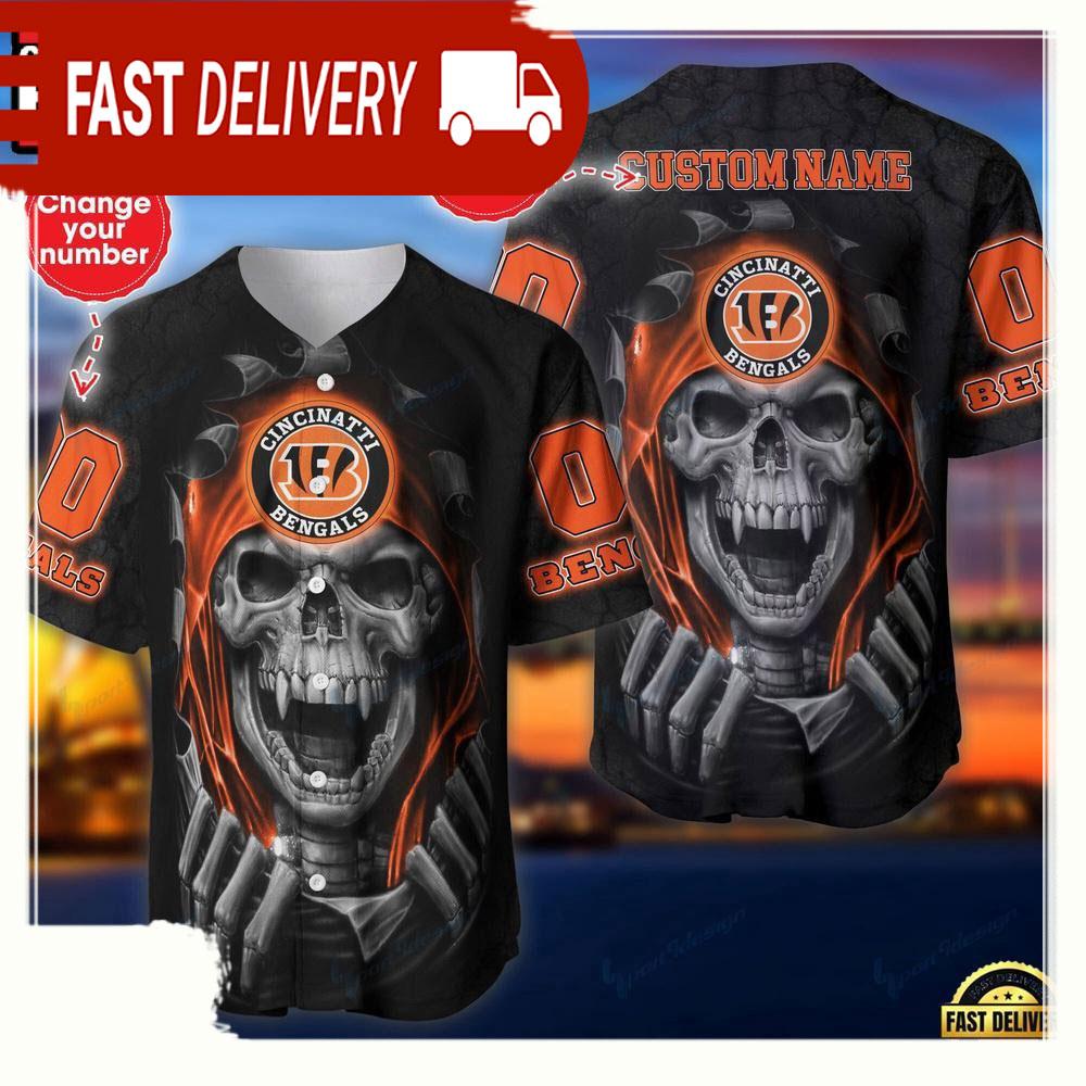 NLF Personalized Name & Number Team Cincinnati Bengals Skull Pattern Baseball Jersey Shirt