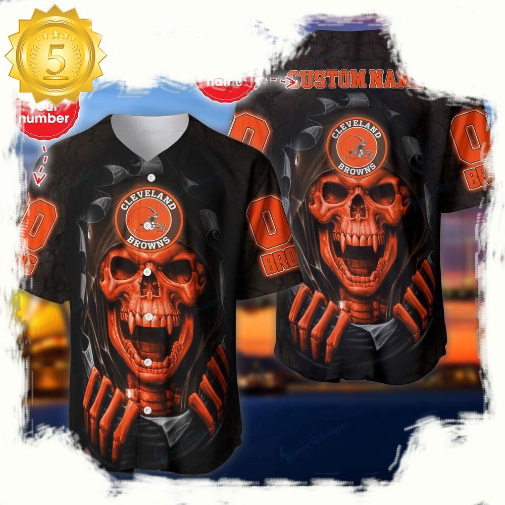 NLF Personalized Name & Number Team Cleveland Browns Skull Pattern Baseball Jersey Shirt