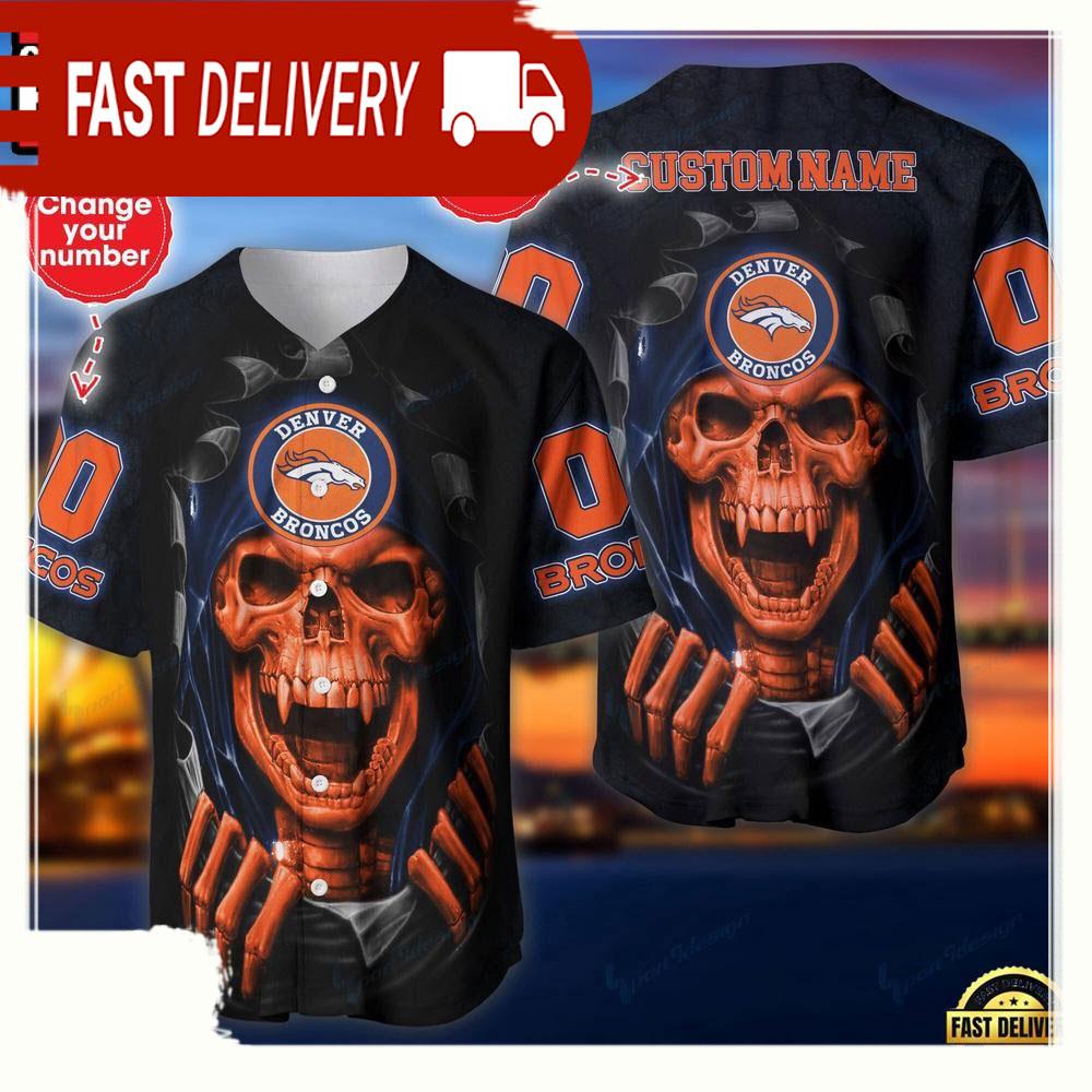 NLF Personalized Name & Number Team Denver Broncos Skull Pattern Baseball Jersey Shirt