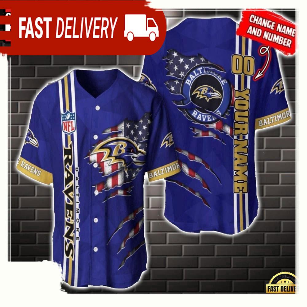 NLF Personalized Name & Numbler Baltimore Ravens America Flag  Baseball Jersey Shirt Gift For Fans