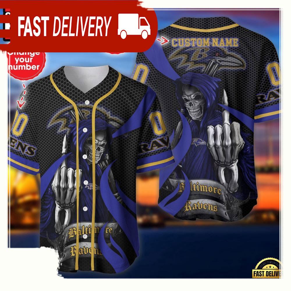 NLF Personalized Name & Numbler Baltimore Ravens Skull Death Baseball Jersey Shirt
