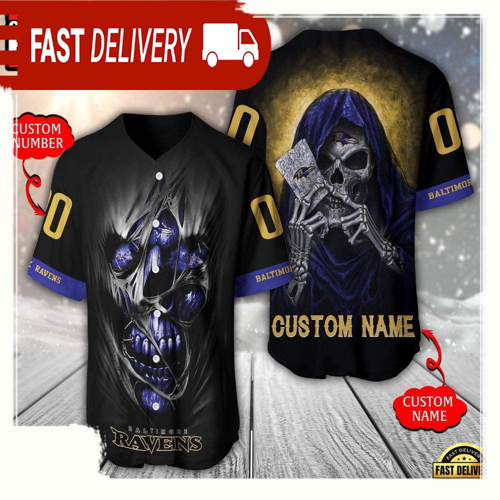 NLF Personalized Name & Numbler Baltimore Ravens Team Skull Death Baseball Jersey Shirt
