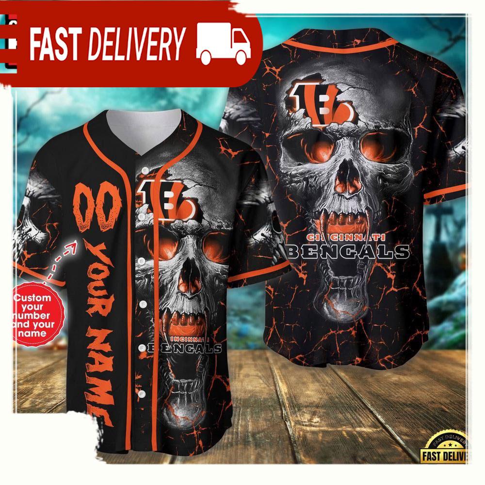 NLF Personalized Name & Numbler Cincinnati Bengals Skull Face Baseball Jersey Shirt