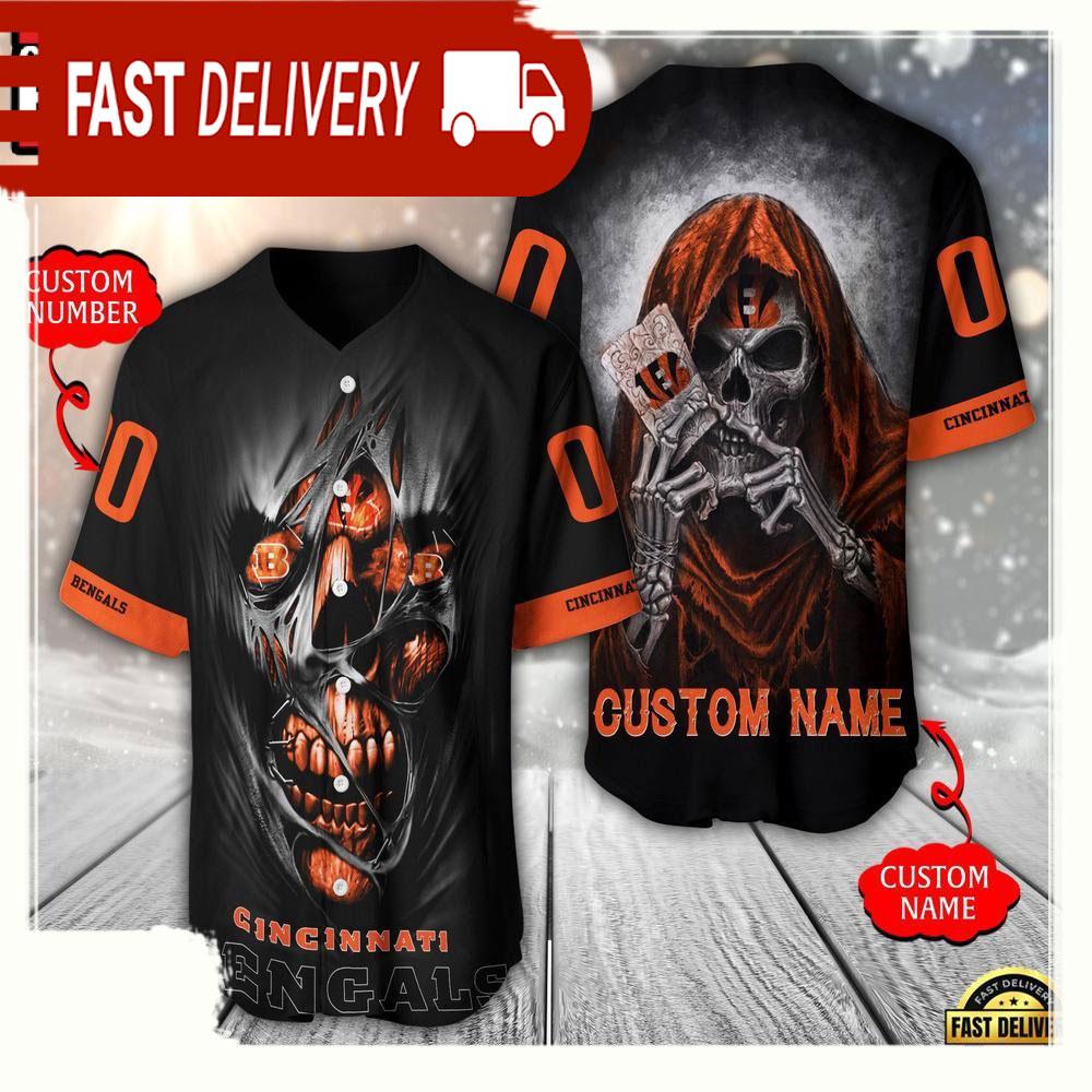 NLF Personalized Name & Numbler Cincinnati Bengals Team Skull Death Baseball Jersey Shirt